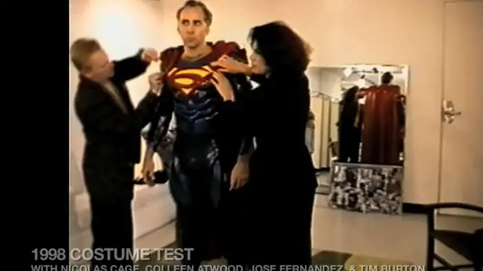 Nicolas Cage in a 1998 Superman Lives costume test with Colleen Atwood