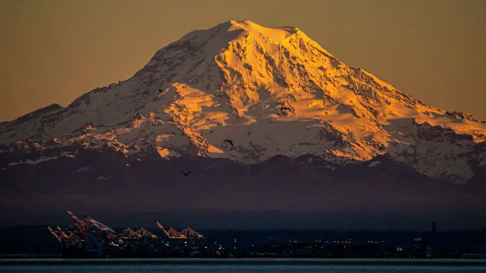 Sunset view of Mount Rainier from Vashon Island, Washington