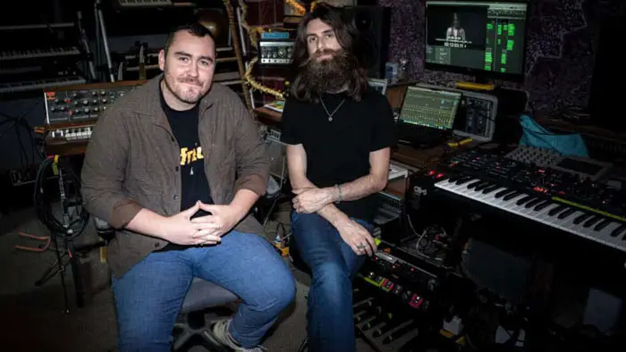 Kevin Comeau and Luke Paron in the music studio for Arachnid.