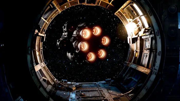 A spaceship viewed through the docking bay door in Wolf Moon Rising