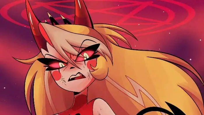 Animated demon girl with long blonde hair and horns against a red pentagram background.