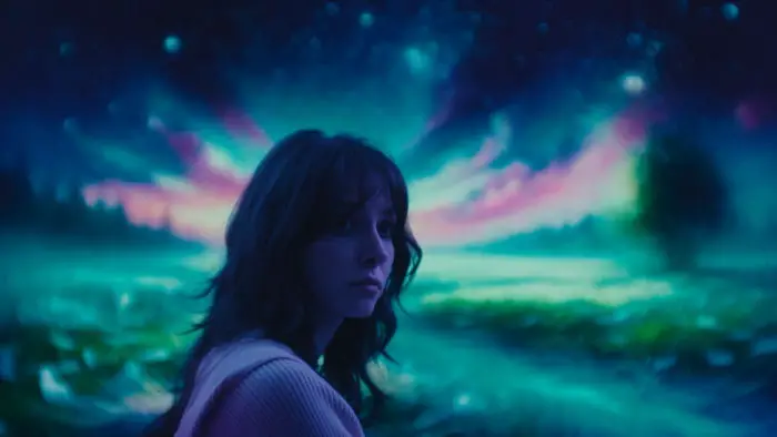 Liz looks out under glowing aurora lights in King’s Cup.