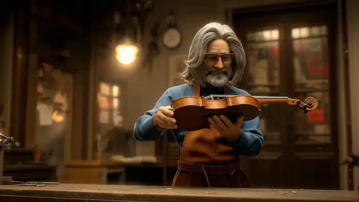 An elderly craftsman carefully examines a violin in his workshop.