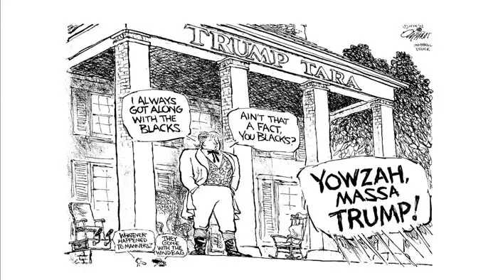 Pat Oliphant cartoon depicting Donald Trump on the porch of “Trump Tara” with satirical commentary on race.