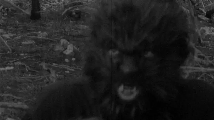 A snarling beast-like creature lunges forward in the woods in The Castle of Baron Finch.