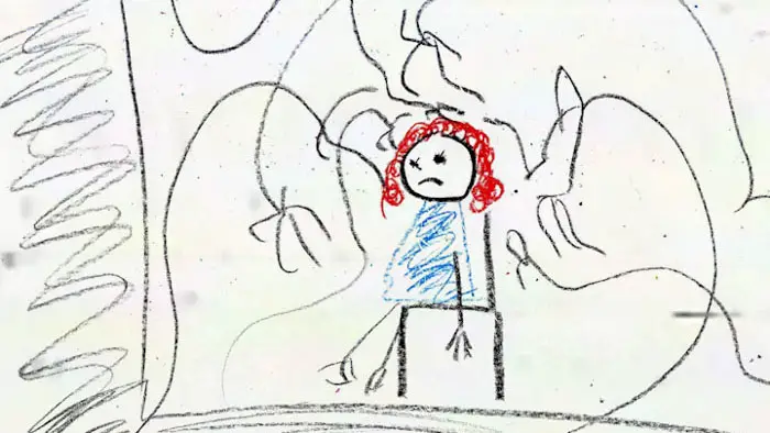 Childlike drawing of a girl surrounded by ghostly shapes in The Children Under The House (2025)