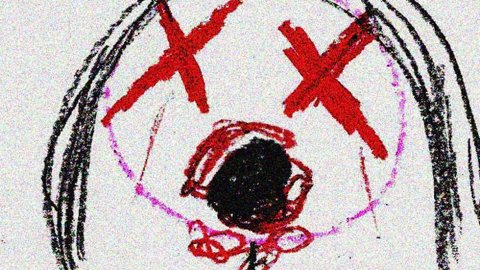 Creepy child drawing with crossed-out eyes from The Children Under The House (2025)