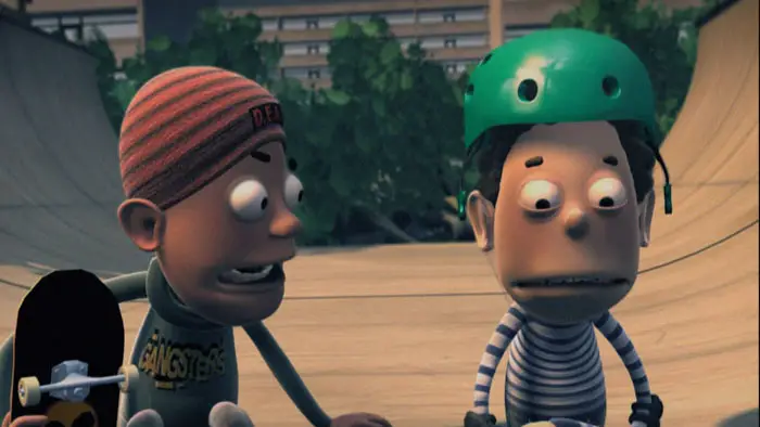 Terkel and Jason sitting on a skate ramp looking shocked in The Trouble With Terkel