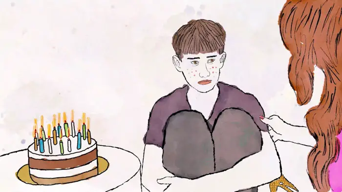 Douglas sits by a birthday cake while a burlesque dancer approaches in a rotoscoped scene from 1981.
