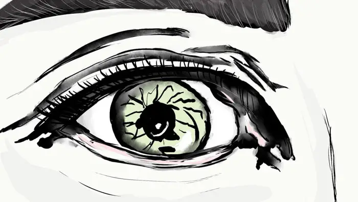Close-up of an animated eye in Cracked (2025), black-and-white with ink-like streaks and a cracked iris.