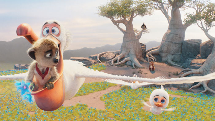 Tafiti the meerkat is carried by a large bird over a field of blue flowers in Tafiti: Across the Desert (2026).