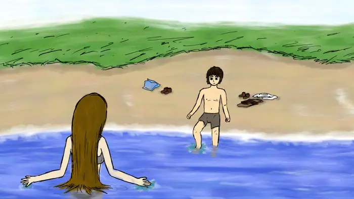 Animated beach scene with a boy at the shoreline and a long-haired woman in the water in The Hand of Amelia Carne.