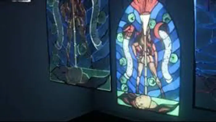 Stained glass–style animated serpent and celestial female figure from A Flame The Colour of Air (2026)