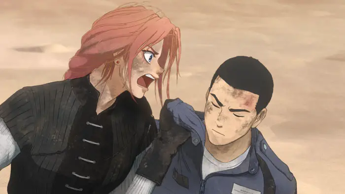 Princess Scarlet shouts at an injured Hijiri in a tense moment from Scarlet (2025). 