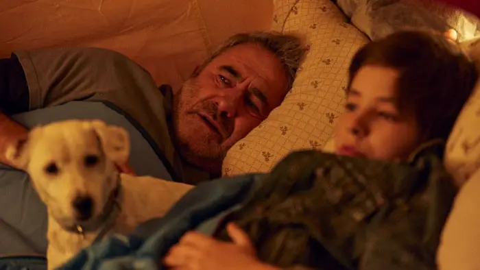 A man and a boy lie in bed inside a warmly lit tent with a small dog in the foreground in Sirat (2026).
